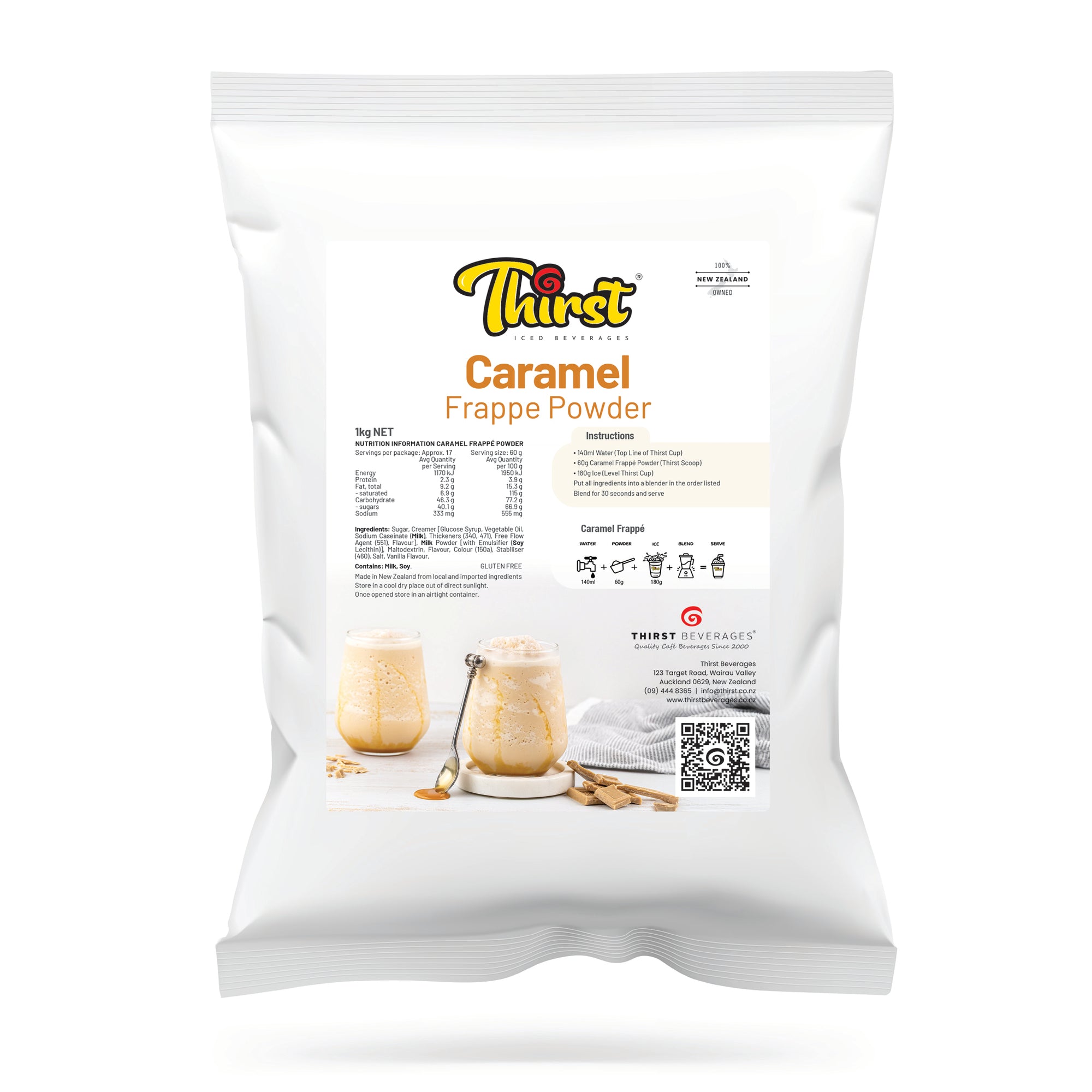 Bag of Thirst Caramel Frappe Powder on a white background