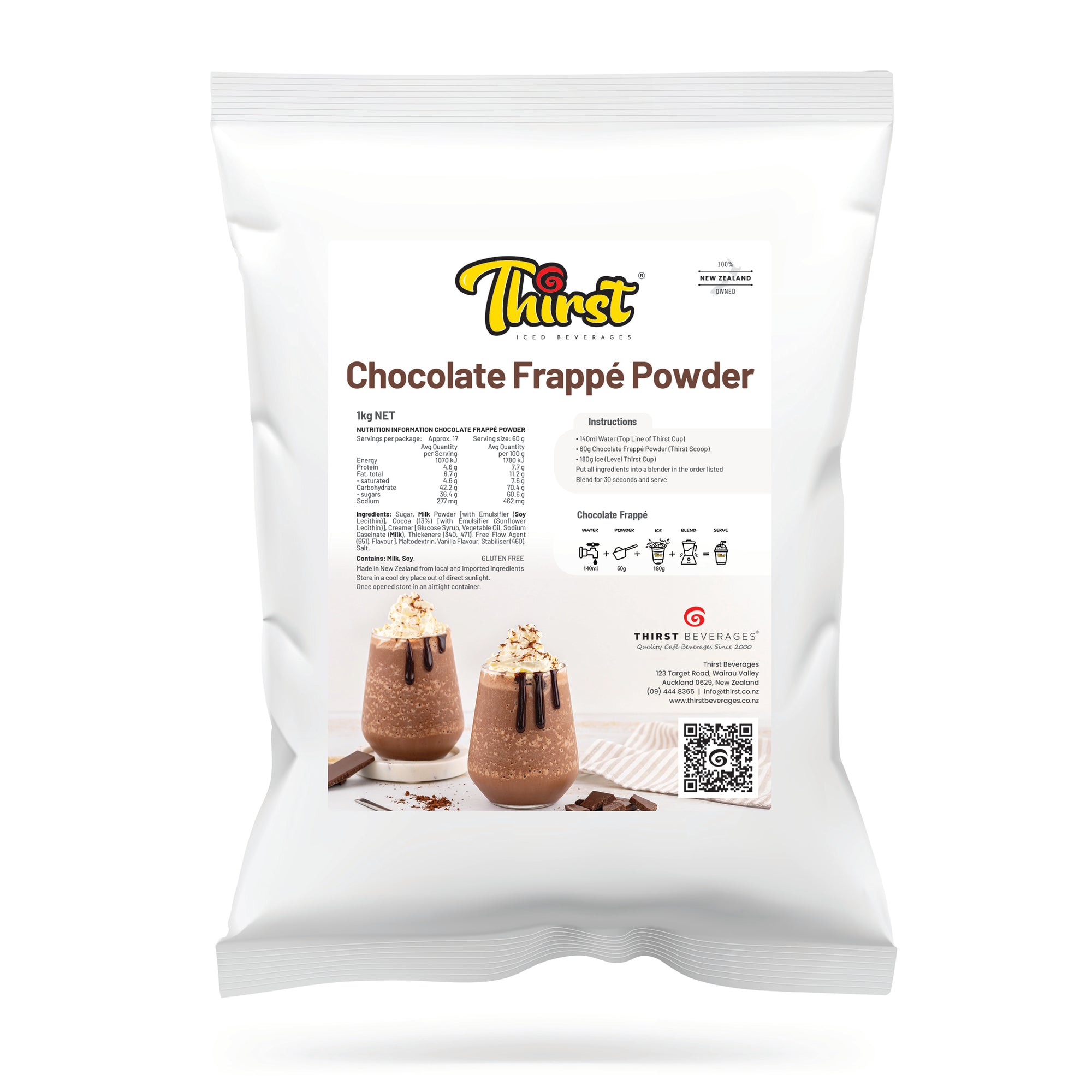 Chocolate Frappe Powder in a white Bag