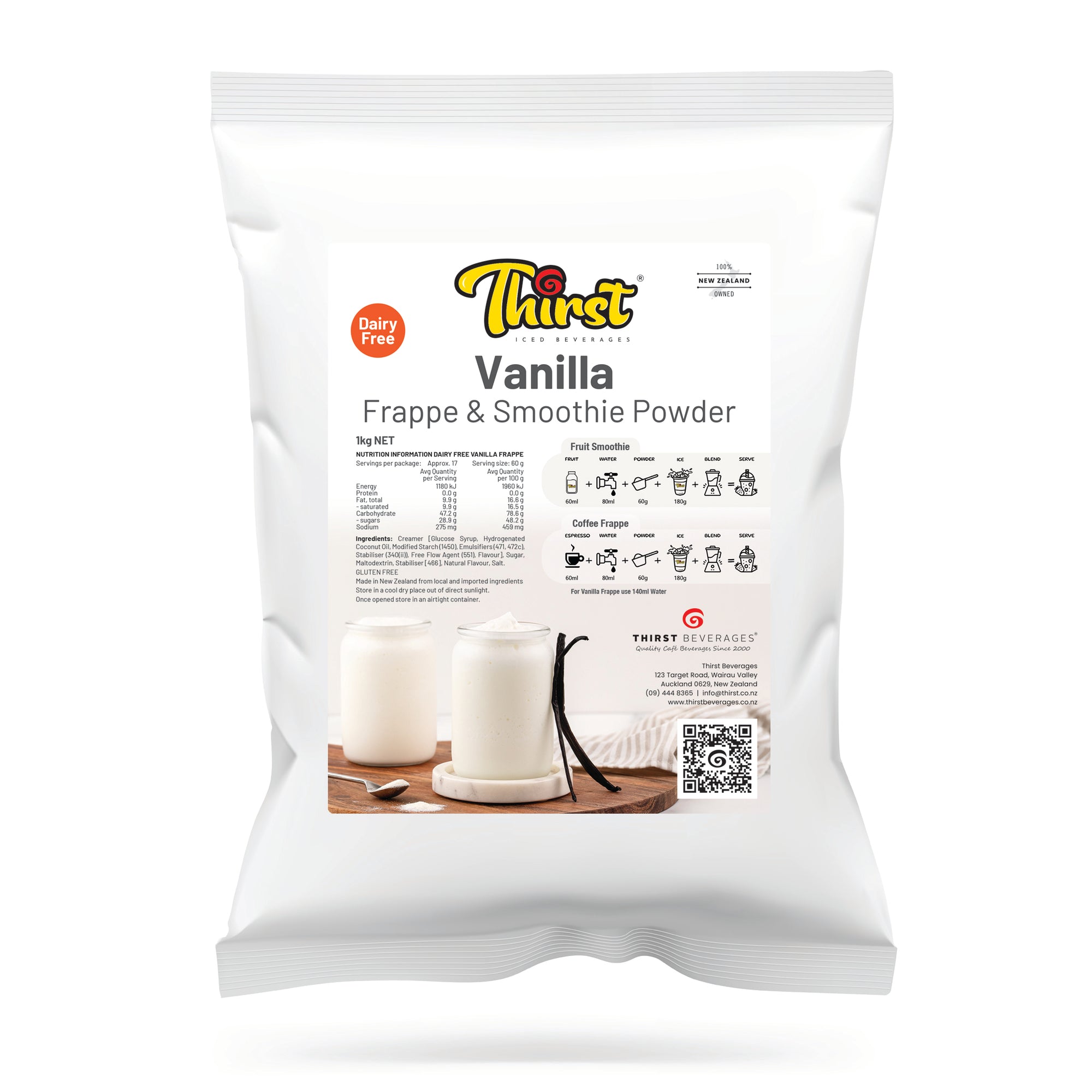 White package of Thirst Vanilla Frappe & Smoothie Powder on a white background