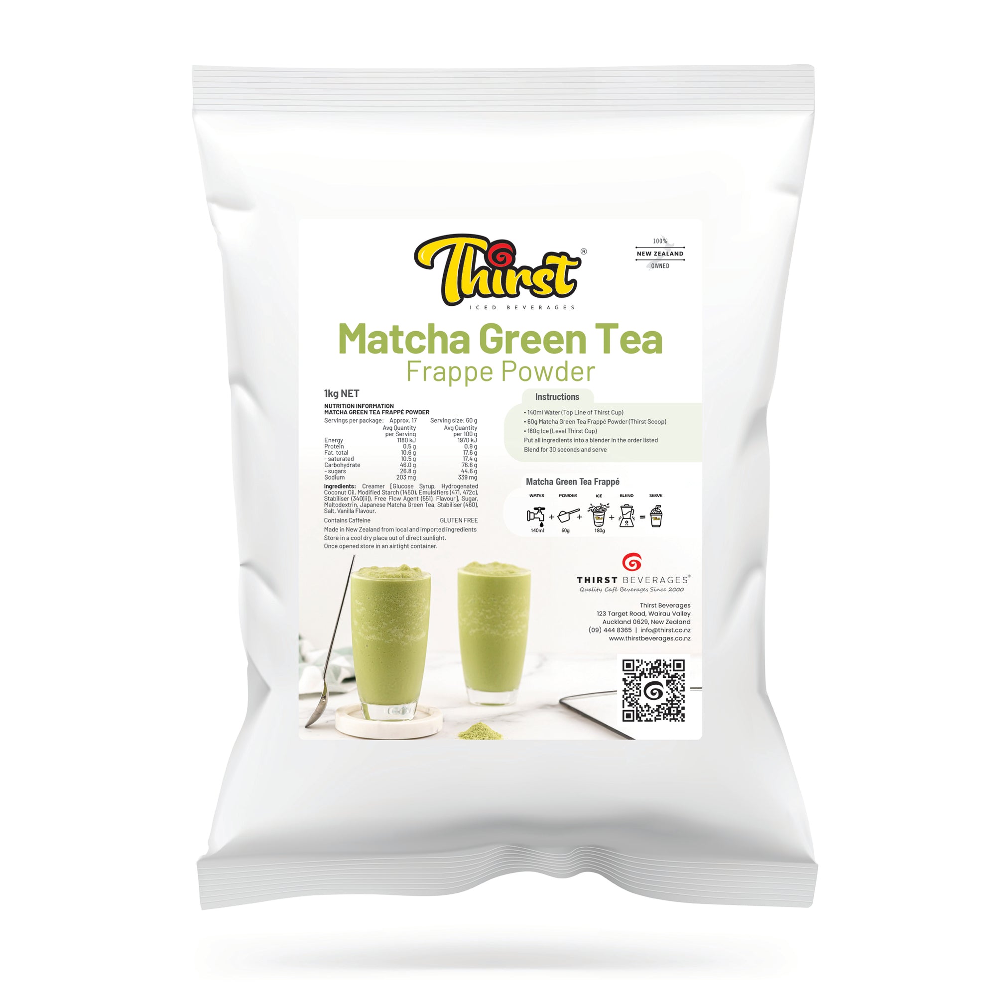 Package of Thirst Matcha Green Tea Frappe Powder on a white background