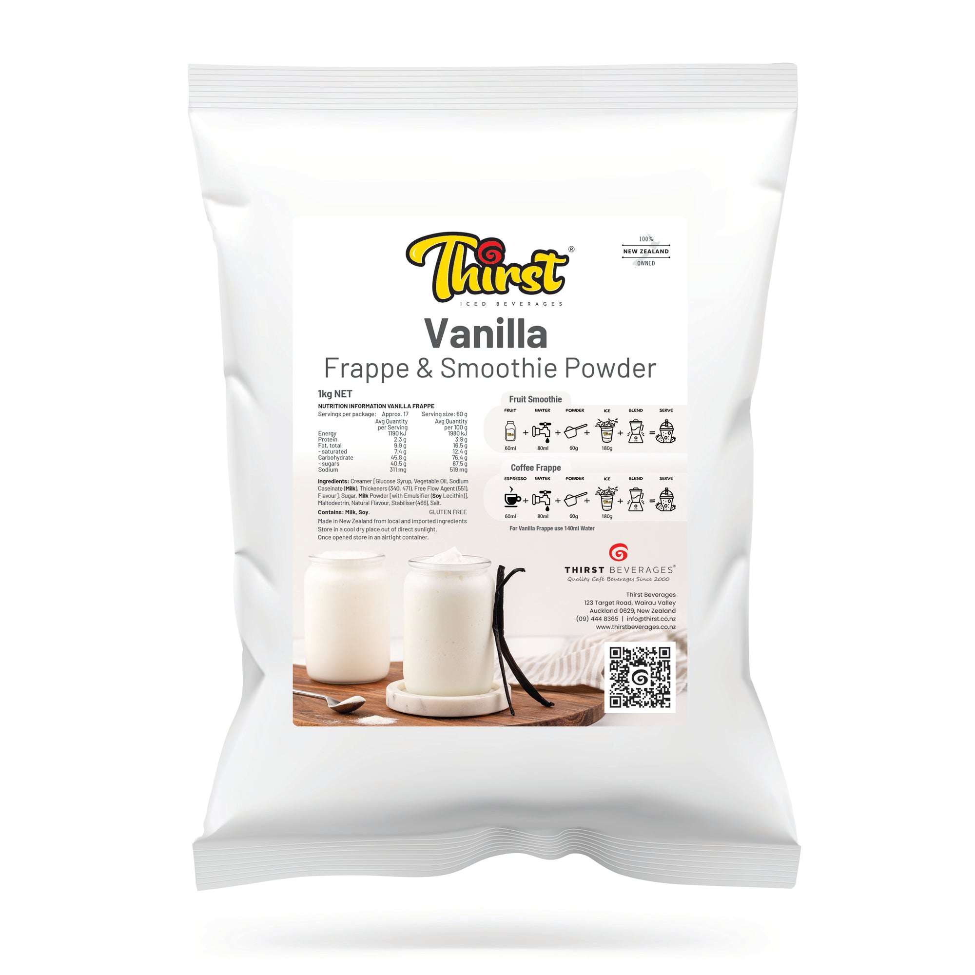 White package of Thirst Vanilla Frappe & Smoothie Powder on a white background
