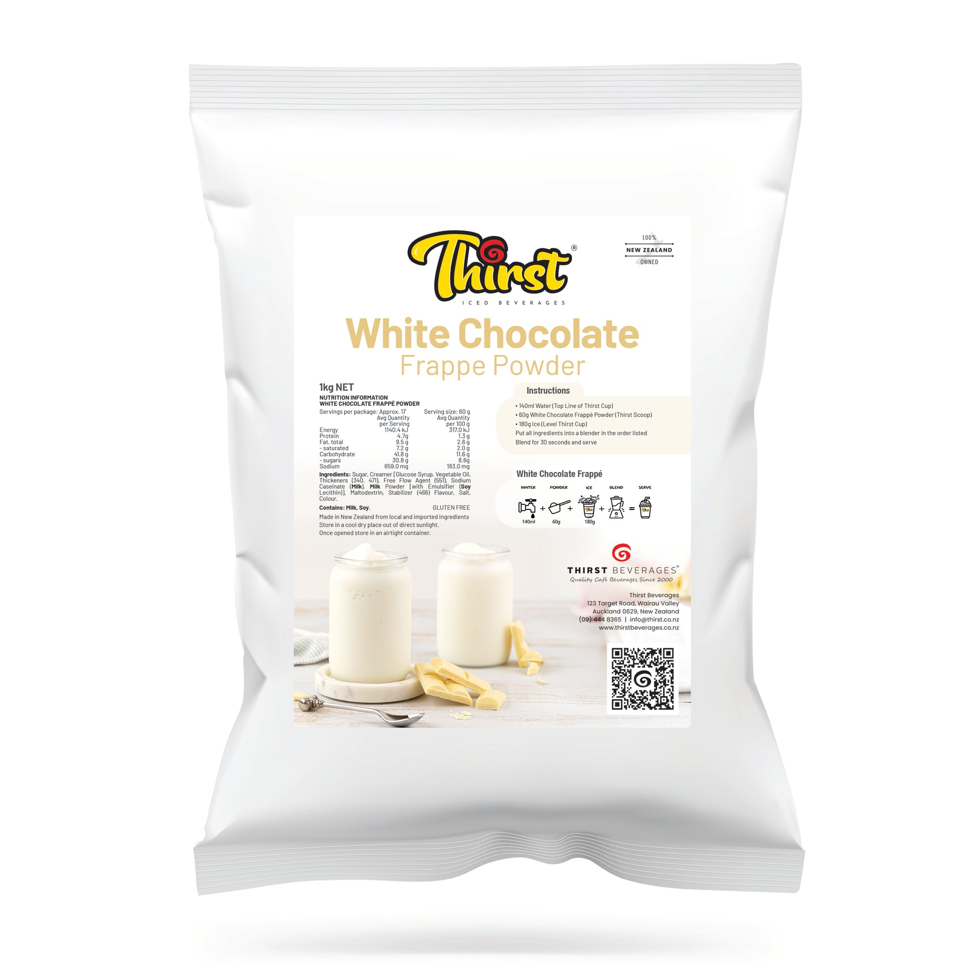 White Chocolate Frappe Powder in a white Bag